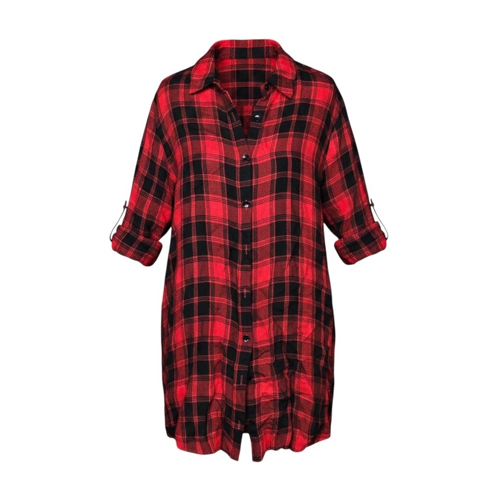 Vine & Love Red Black Buffalo Plaid Button Down Tunic Roll Tab Shirt VT50208A M‎